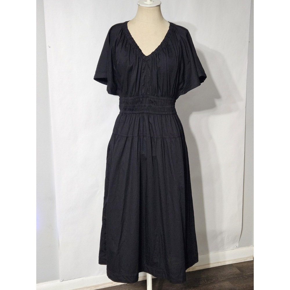 Free Assembly Black Cotton Flutter Sleeve Smocked Waist Dress Size Large 12-14 - Picture 4 of 13